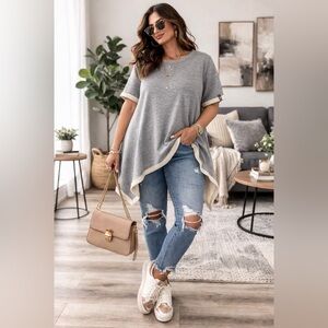 BE Wear Grey and White Asymmetrical Sweatshirt Style Top, Size: XXL (Fits L/XL)